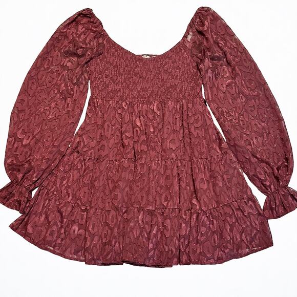 A. Calin Smocked Mini Dress Sz Medium Tiered Burgundy Scoop Neck Long Sleeve NWT - Picture 11 of 13